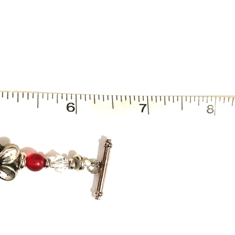 VINTAGE SILVER-TONE FLOWER BEADED DANGLING TOGGLE CLASP 6.5" BRACELET - Picture 7 of 9